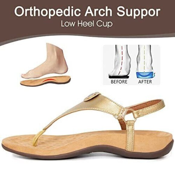 Athlefit Women's Comfortable Orthopedic Sandals Thong Dressy T-Strap SIZE 9 GOLD - Picture 12 of 15